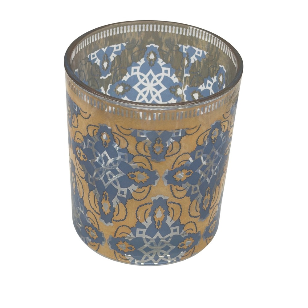 Anthropologie Patina Vie Double Old Fashioned Glass‎ Blue 18K Gold Ikat Signed